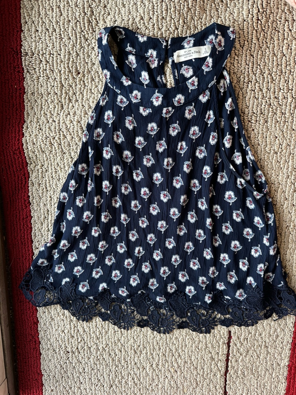 Abercrombie & Fitch Navy Floral Lace-Hem Tank Top